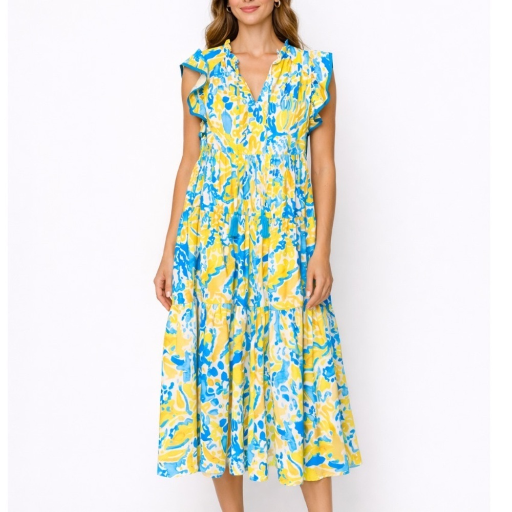 UMGEE Maxi Dress Floral Romantic Yellow Blue Ruffle sleeve boho feminine womens